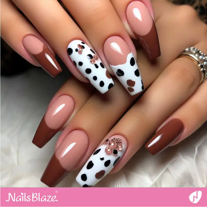 Brown and White French Nails with Dalmatian Print Design | Animal Print Nails - NB1980